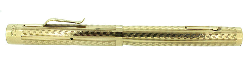 CIRCA 1924 WAHL GOLD FILLED CHEVRON PATTERN FOUNTAIN PEN F-BBB+ FLEX NIB RESTORED OFFERED BY ANTIQUE DIGGER