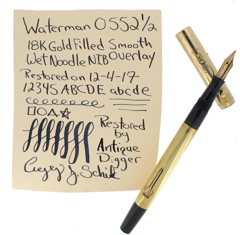 1920s WATERMAN 0552 1/2 SMOOTH GOLD OVERLAY FOUNTAIN PEN XXF - BBB 2.6MM FLEX NIB RESTORED OFFERED BY ANTIQUE DIGGER