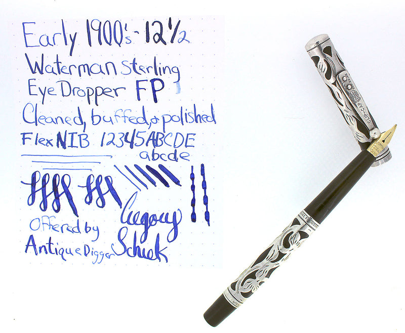 WATERMAN 12 1/2 STERLING OVERLAY EYEDROPPER FOUNTAIN PEN F to BBB FLEX RESTORED OFFERED BY ANTIQUE DIGGER