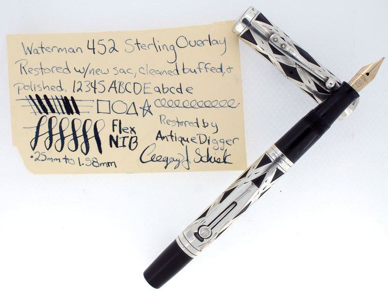 1920s WATERMAN 452 STERLING OVERLAY FOUNTAIN PEN XXF to BB FLEX NIB RESTORED OFFERED BY ANTIQUE DIGGER