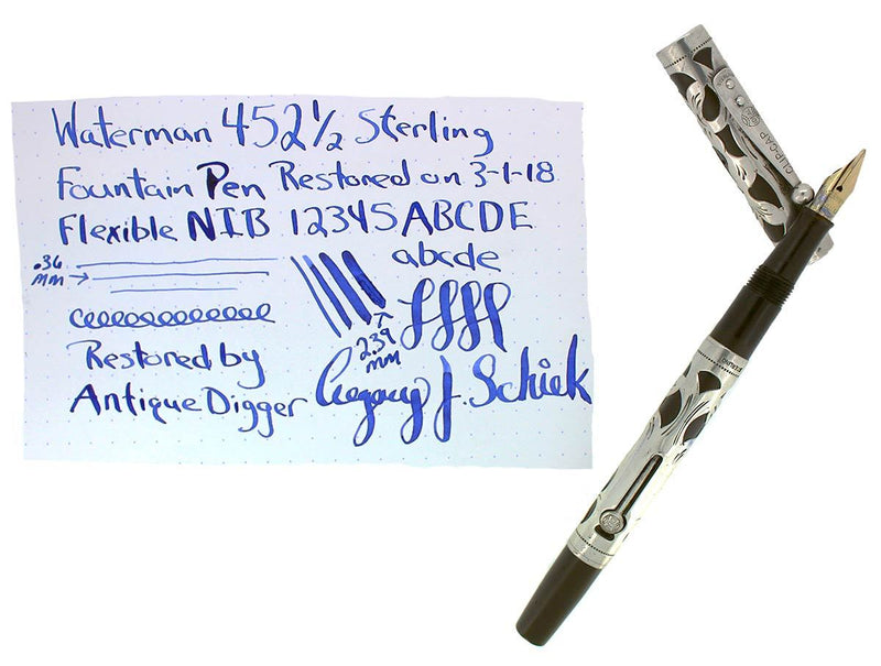 CIRCA 1923 WATERMAN 452 1/2 STERLING OVERLAY FOUNTAIN PEN XF to BBB FLEX NIB RESTORED OFFERED BY ANTIQUE DIGGER
