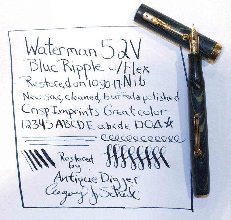 1920s WATERMAN 52V BLUE RIPPLE FOUNTAIN PEN WITH XF to BBB FLEXIBLE NIB IN RESTORED CONDITION OFFERED BY ANTIQUE DIGGER