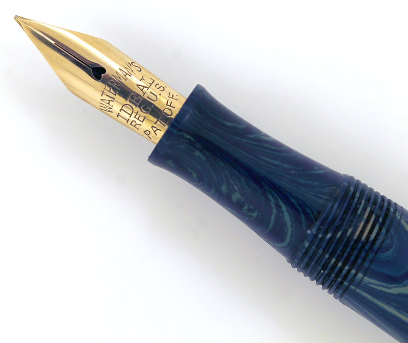 1920s WATERMAN 52V BLUE RIPPLE FOUNTAIN PEN WITH XF to BBB FLEXIBLE NIB IN RESTORED CONDITION OFFERED BY ANTIQUE DIGGER