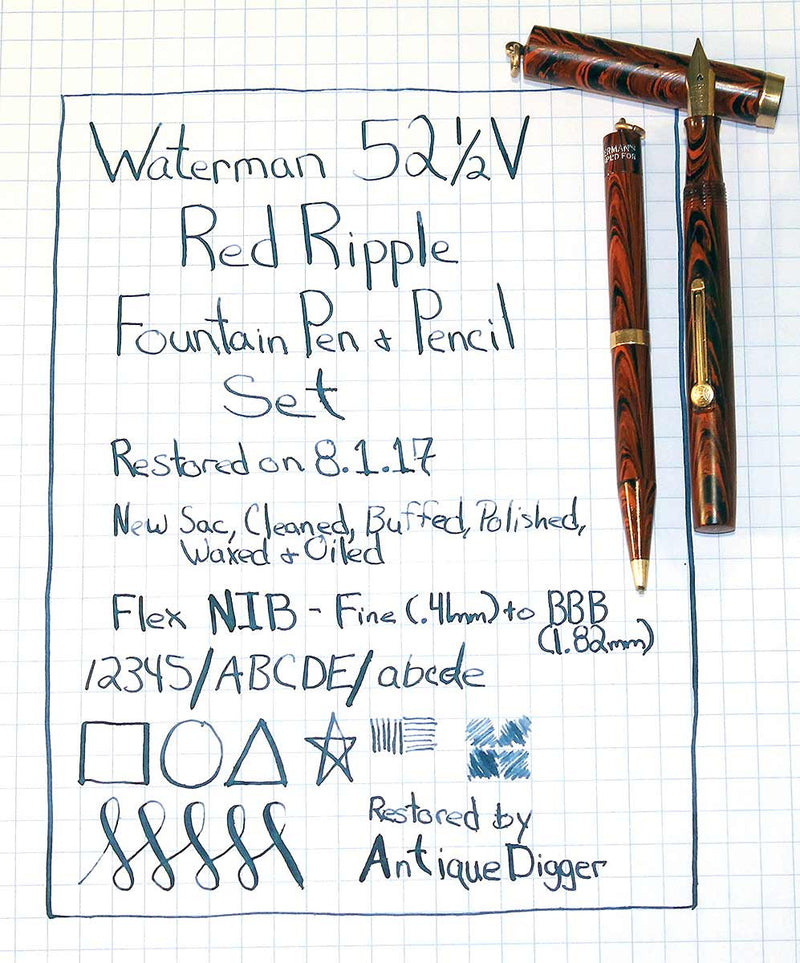 WATERMAN 52 1/2V RED RIPPLE FOUNTAIN PEN & PENCIL F to BBB FLEX NIB RESTORED OFFERED BY ANTIQUE DIGGER
