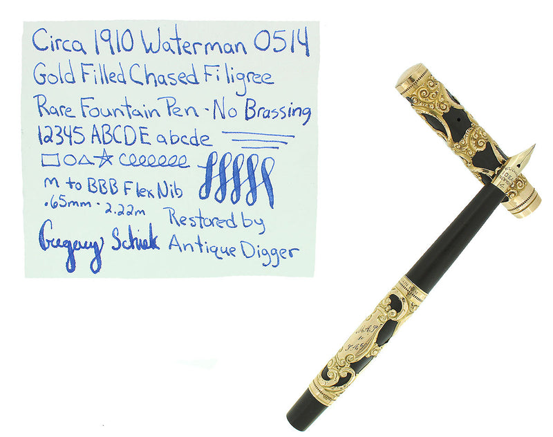 RARE C1910 WATERMAN CHASED FILIGREE 0514 GOLD FILLED FOUNTAIN PEN RESTORED OFFERED BY ANTIQUE DIGGER
