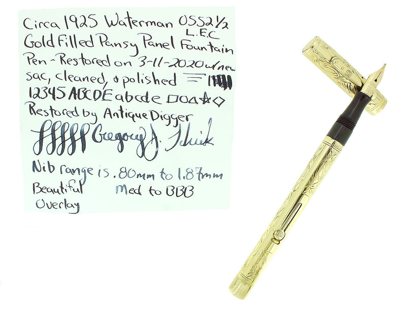 C1925 WATERMAN 18K G.F. 0552 1/2 LEC PANSY PANEL M-BBB NIB FOUNTAIN PEN RESTORED OFFERED BY ANTIQUE DIGGER