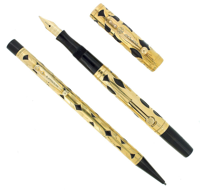 CIRCA 1923 WATERMAN 18K GOLD FILLED 0552 1/2 FOUNTAIN PEN AND PENCIL SET RESTORED OFFERED BY ANTIQUE DIGGER