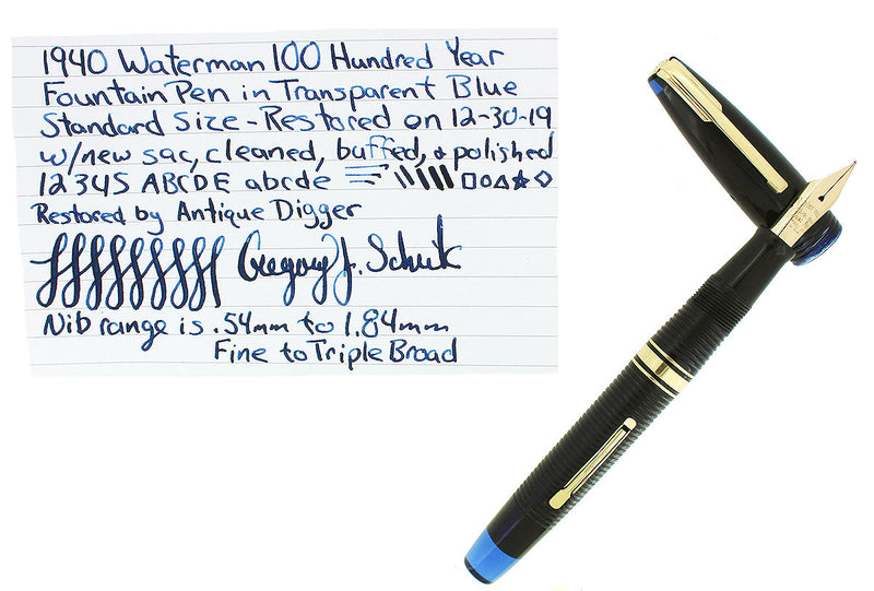 1940 TRANSPARENT BLUE WATERMAN 100 YEAR FOUNTAIN PEN F-BBB FLEX NIB RESTORED OFFERED BY ANTIQUE DIGGER