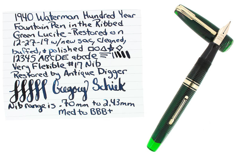 1940 TRANSPARENT GREEN WATERMAN 100 HUNDRED YEAR FOUNTAIN PEN M-BBB+ FLEX NIB RESTORED OFFERED BY ANTIQUE DIGGER