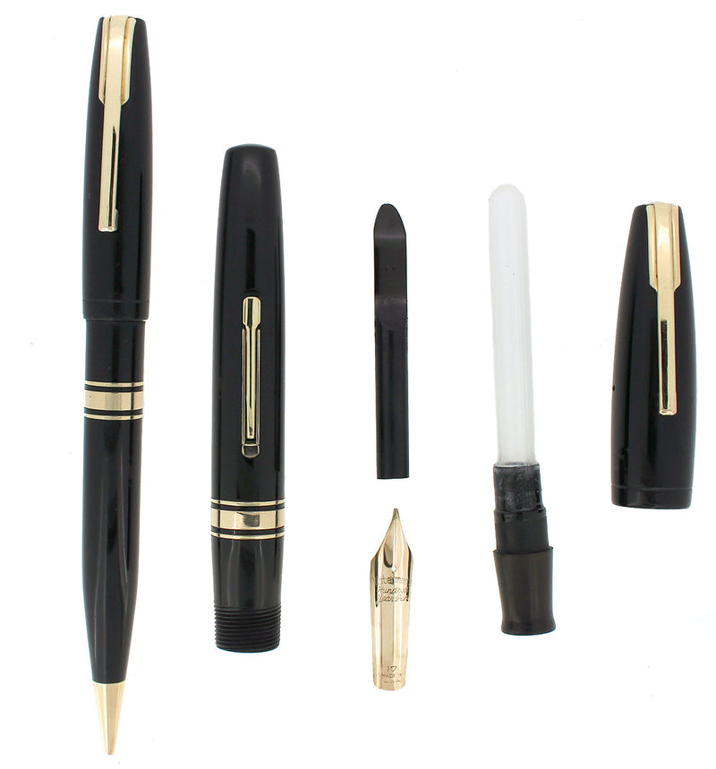 1941 WATERMAN JET BLACK 100 YEAR STANDARD SIZE FOUNTAIN PEN & PENCIL F-BBB NIB RESTORED OFFERED BY ANTIQUE DIGGER
