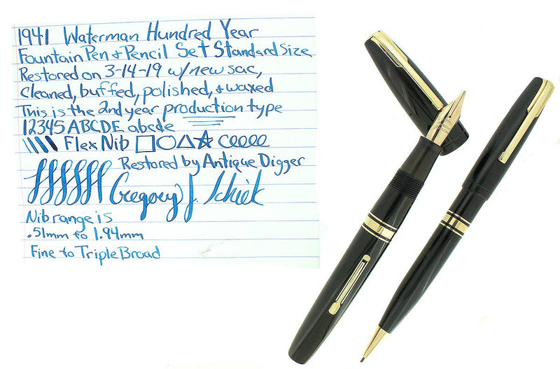 1941 WATERMAN JET BLACK 100 YEAR STANDARD SIZE FOUNTAIN PEN & PENCIL F-BBB NIB RESTORED OFFERED BY ANTIQUE DIGGER