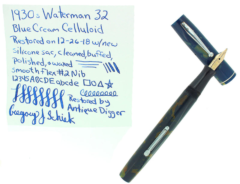 1930s WATERMAN 32 FULL-SIZE BLUE & CREAM CELLULOID FOUNTAIN PEN F-BB+ FLEX NIB RESTORED OFFERED BY ANTIQUE DIGGER
