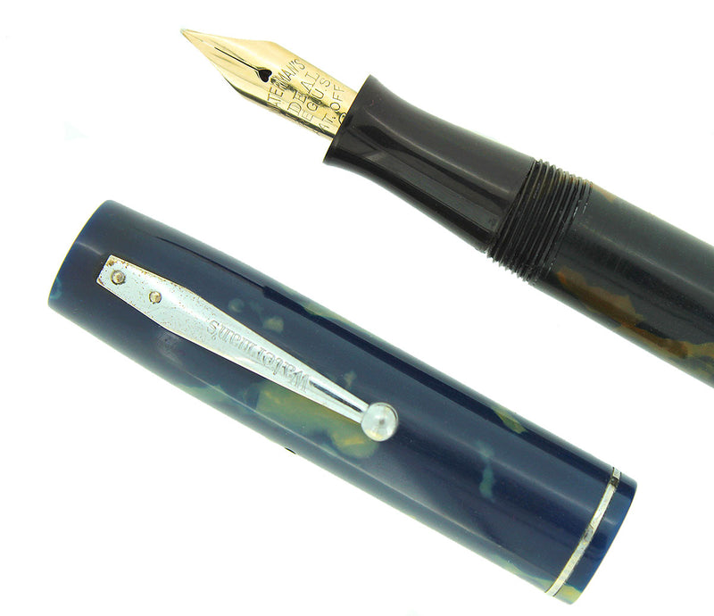 1930s WATERMAN 32 FULL-SIZE BLUE & CREAM CELLULOID FOUNTAIN PEN F-BB+ FLEX NIB RESTORED OFFERED BY ANTIQUE DIGGER