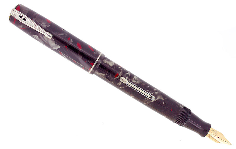 EARLY 1930S WATERMAN 3V GRAY & RED MARBLED FOUNTAIN PEN M-BBB FLEX NIB RESTORED OFFERED BY ANTIQUE DIGGER