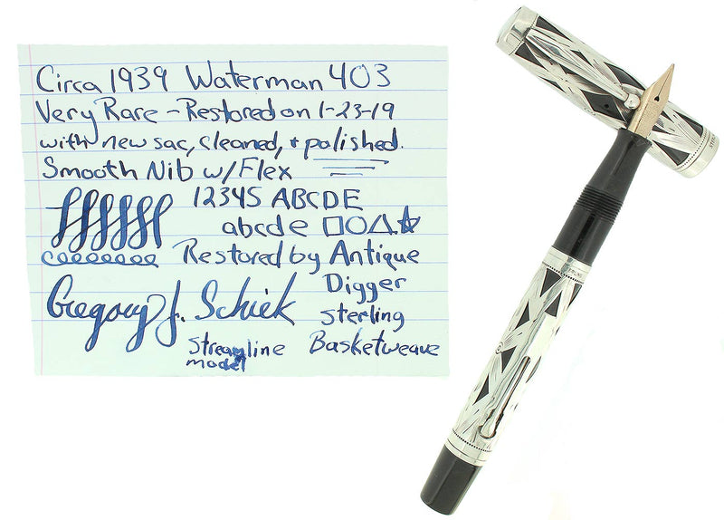 1939 WATERMAN 403 STERLING BASKETWEAVE FOUNTAIN PEN F - BBB FLEX NIB RESTORED OFFERED BY ANTIQUE DIGGER