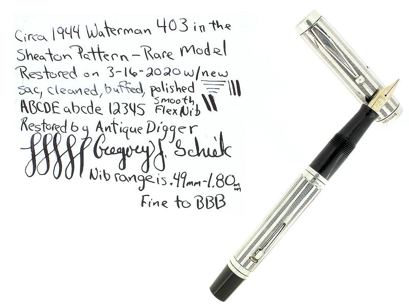 1944 WATERMAN 403 STERLING SHERATON OVERLAY FOUNTAIN PEN F-BBB FLEX NIB RESTORED OFFERED BY ANTIQUE DIGGER