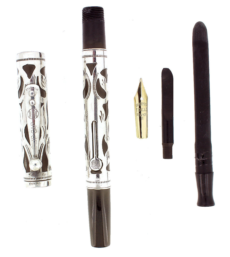 C1915 WATERMAN 412 PSF STERLING TREFOIL ART NOUVEAU FOUNTAIN PEN RESTORED OFFERED BY ANTIQUE DIGGER