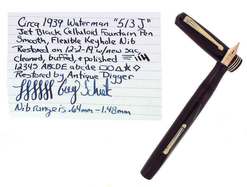 C1939 WATERMAN 513J BLACK CELLULOID 14K KEYHOLE M-BB NIB FOUNTAIN PEN RESTORED OFFERED BY ANTIQUE DIGGER