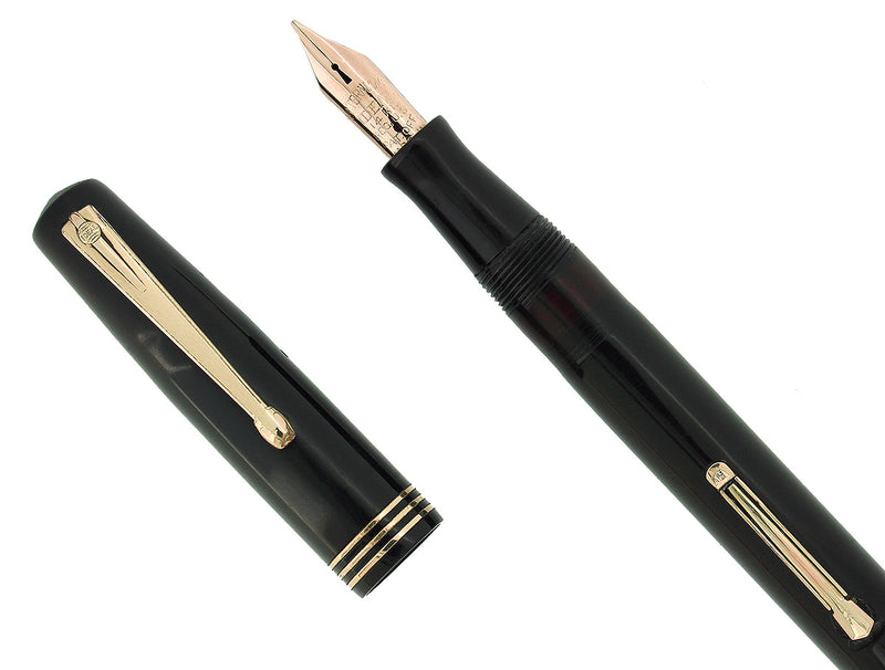 C1939 WATERMAN 513J BLACK CELLULOID 14K KEYHOLE M-BB NIB FOUNTAIN PEN RESTORED OFFERED BY ANTIQUE DIGGER