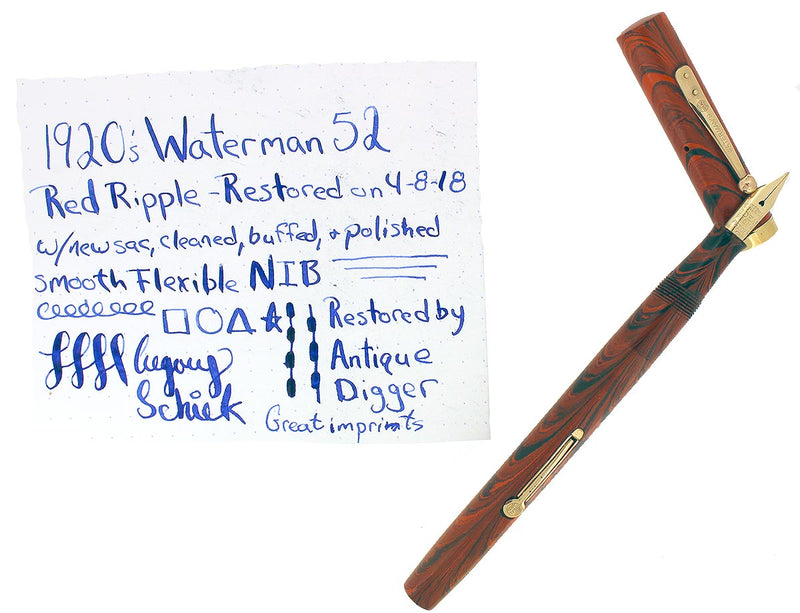 1920S WATERMAN 52 RED RIPPLE FOUNTAIN PEN XF TO BBB+ FLEX NIB RESTORED OFFERED BY ANTIQUE DIGGER