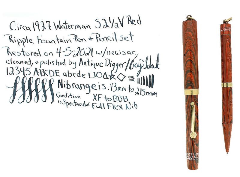 C1927 WATERMAN RED RIPPLE 52 1/2V FOUNTAIN PEN & PENCIL SET XF-BBB NIB RESTORED OFFERED BY ANTIQUE DIGGER