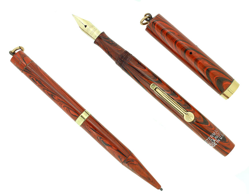 C1927 WATERMAN RED RIPPLE 52 1/2V FOUNTAIN PEN & PENCIL SET XF-BBB NIB RESTORED OFFERED BY ANTIQUE DIGGER