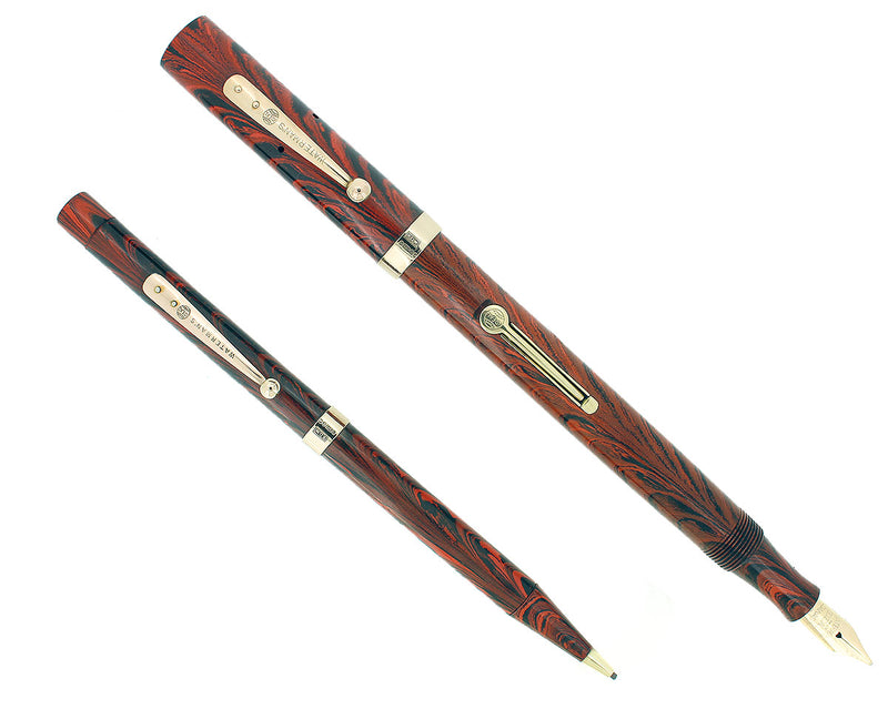 1920S WATERMAN RED RIPPLE 52 FOUNTAIN PEN AND PENCIL SET 9CT GOLD BANDS RESTORED OFFERED BY ANTIQUE DIGGER