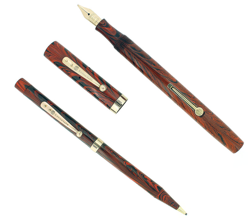 1920S WATERMAN RED RIPPLE 52 FOUNTAIN PEN AND PENCIL SET 9CT GOLD BANDS RESTORED OFFERED BY ANTIQUE DIGGER