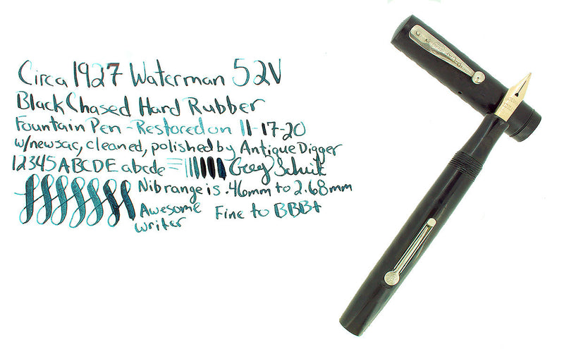 C1927 WATERMAN 52V BLACK CHASED HR FOUNTAIN PEN 14K F-BBB+ FLEX NIB RESTORED OFFERED BY ANTIQUE DIGGER