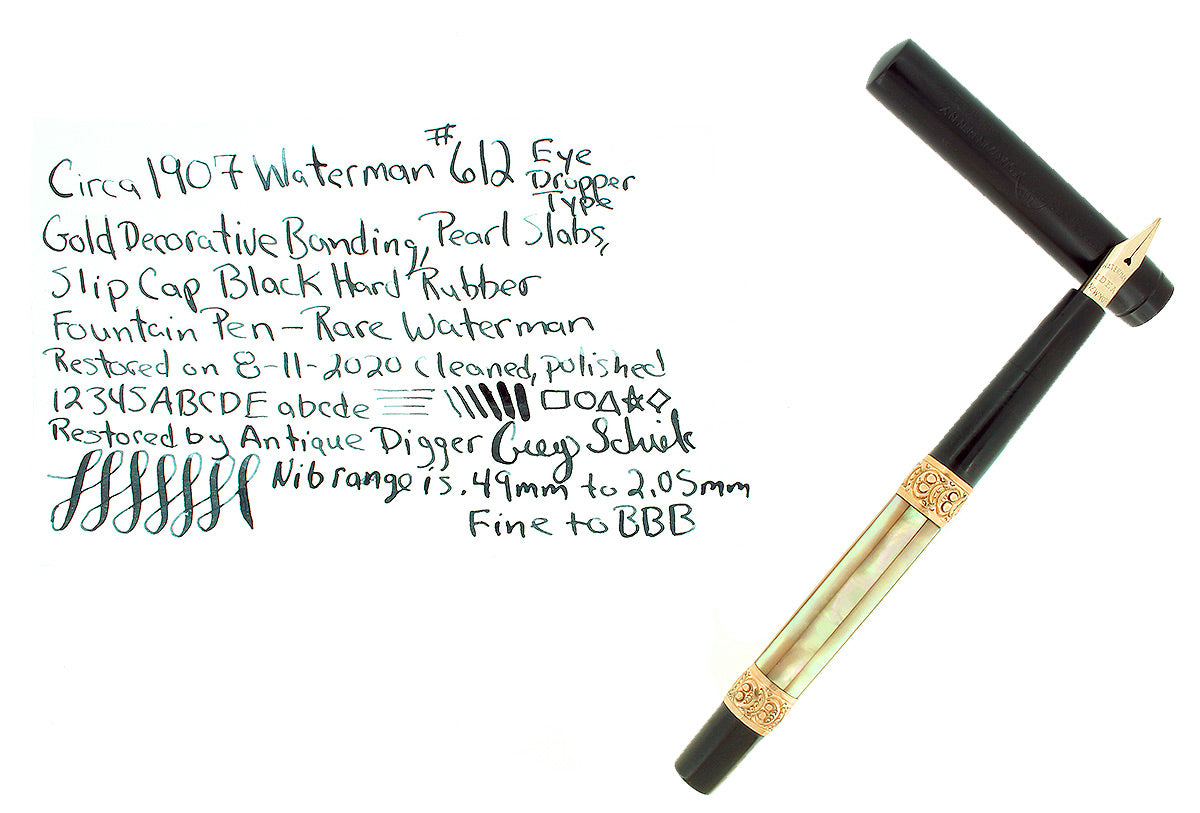 CIRCA 1907 WATERMAN 612 EYEDROPPER PEARL SLAB FOUNTAIN PEN F-BBB NIB R
