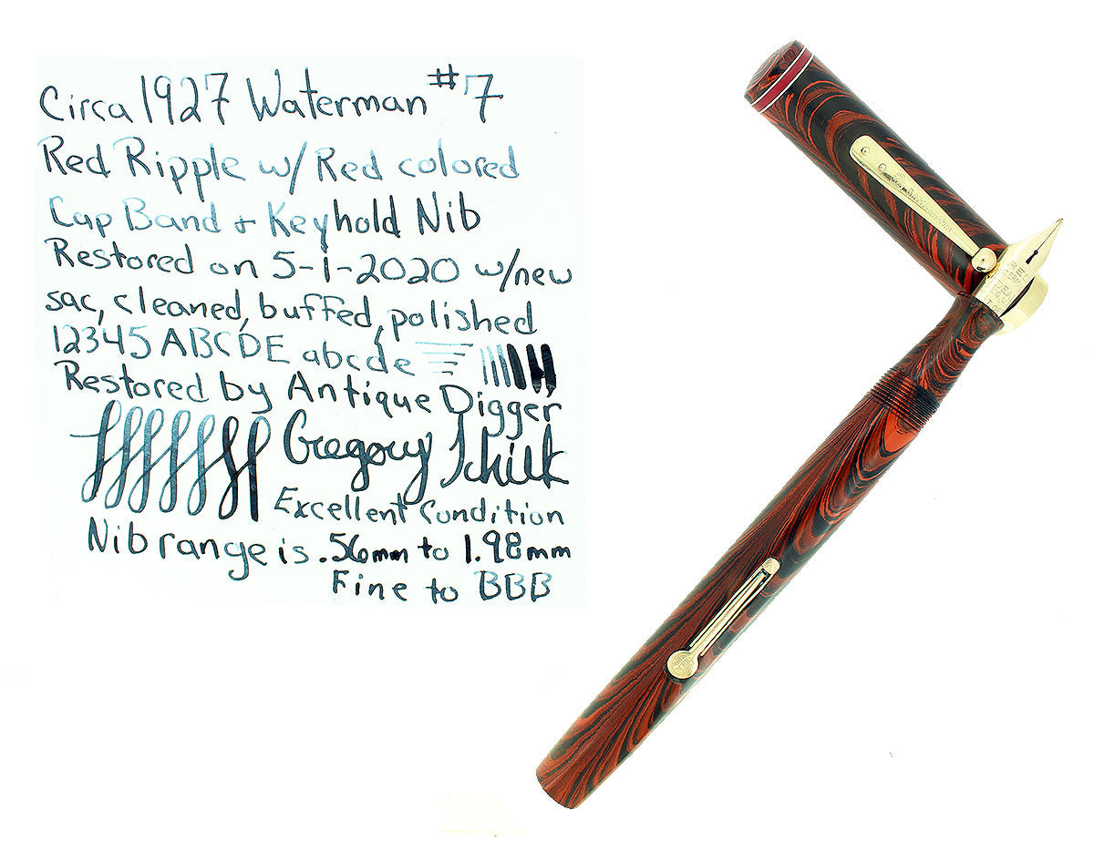 CIRCA 1927 WATERMAN RED RIPPLE #7 RED KEYHOLE NIB CAP BAND FOUNTAIN PE
