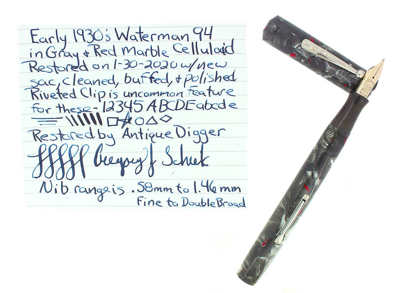 EARLY 1930S WATERMAN 94 GRAY & RED MARBLED FOUNTAIN PEN F-BB FLEX NIB RESTORED OFFERED BY ANTIQUE DIGGER