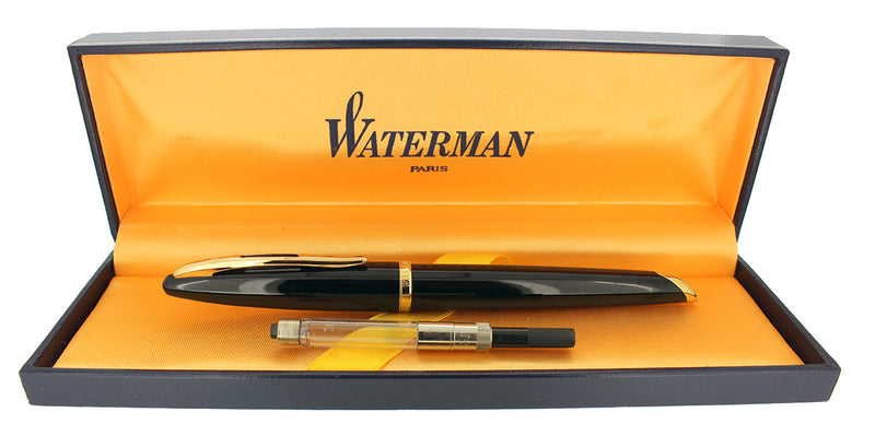 WATERMAN CARENE FOUNTAIN PEN JET BLACK WITH GOLD PLATED TRIM 18K MEDIUM NIB MINT IN BOX OFFERED BY ANTIQUE DIGGER