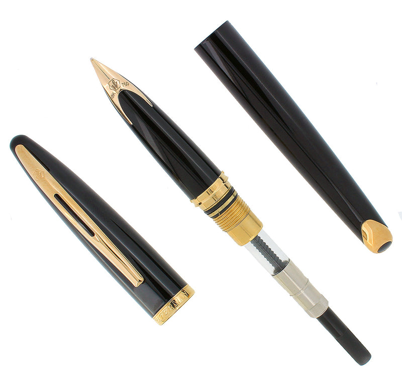 WATERMAN CARENE FOUNTAIN PEN JET BLACK WITH GOLD PLATED TRIM 18K MEDIUM NIB MINT IN BOX OFFERED BY ANTIQUE DIGGER