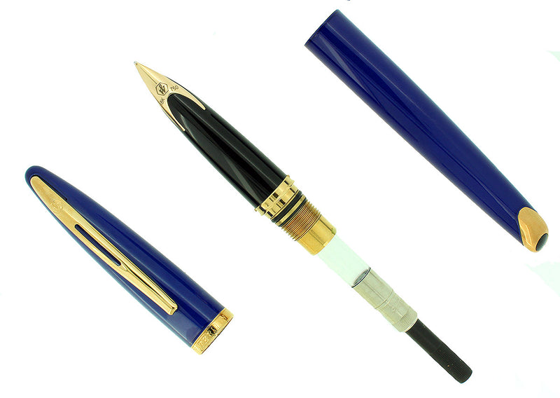 WATERMAN CARENE ABYSS BLUE FOUNTAIN PEN WITH GOLD PLATED TRIM 18K MEDIUM NIB MINT IN BOX OFFERED BY ANTIQUE DIGGER
