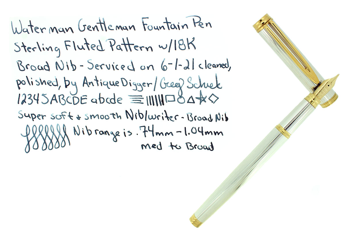 WATERMAN GENTLEMAN STERLING SILVER FLUTED FOUNTAIN PEN 18K BROAD NIB R