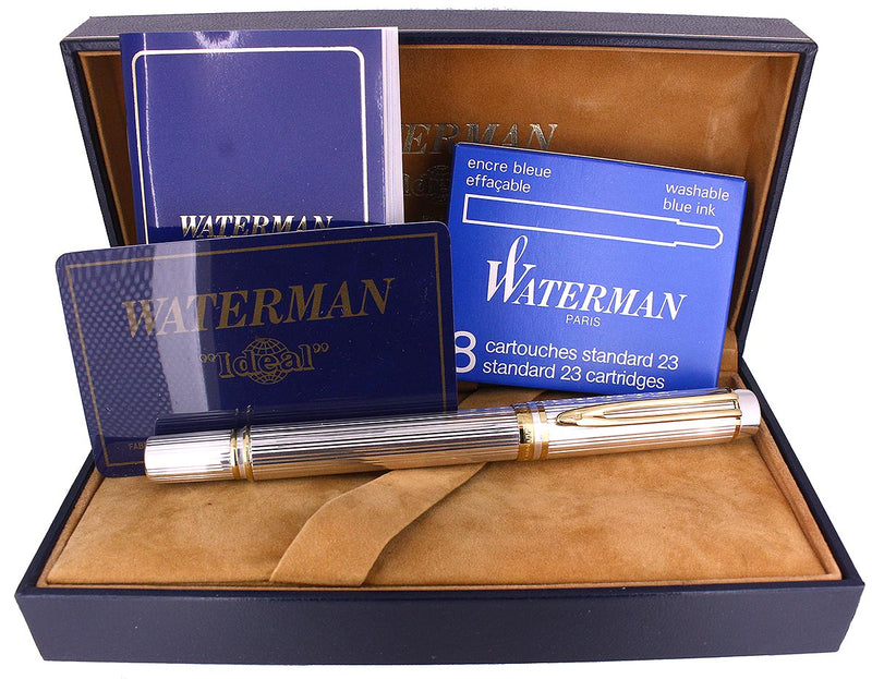 CIRCA 1989 WATERMAN LE MAN 100 STERLING SILVER GORDON PATTERN 18K FINE NIB FOUNTAIN PEN WITH BOX/PAPERS OFFERED BY ANTIQUE DIGGER