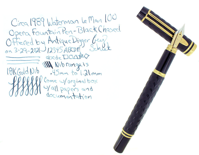 C1989 WATERMAN LE MAN 100 OPERA BLACK CHASED FOUNTAIN PEN WITH BOX AND PAPERS FINE NIB OFFERED BY ANTIQUE DIGGER