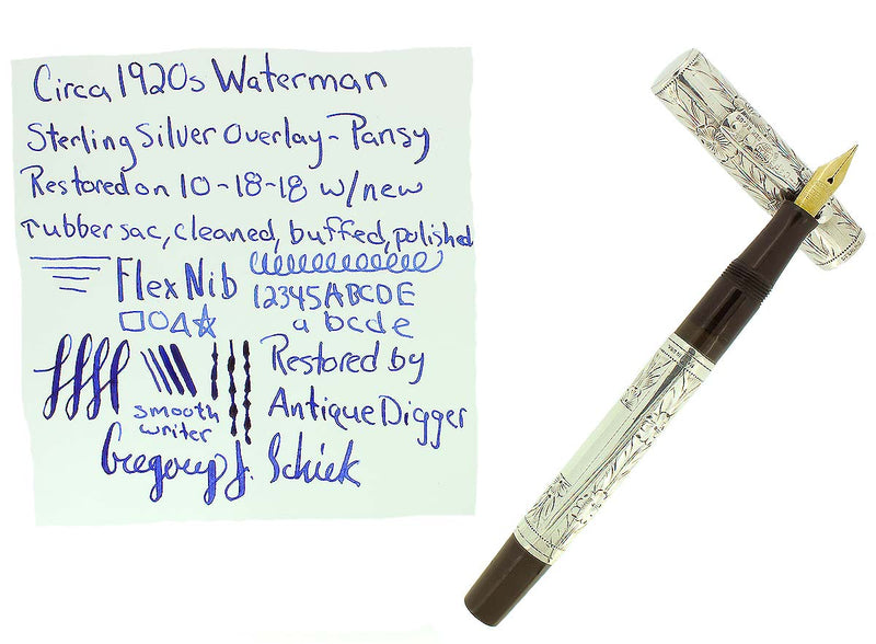 1920s WATERMAN 452 STERLING PANSY PANEL FOUNTAIN PEN F - BBB FLEX NIB RESTORED OFFERED BY ANTIQUE DIGGER