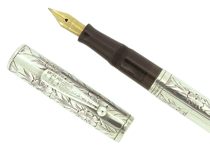 1920s WATERMAN 452 STERLING PANSY PANEL FOUNTAIN PEN F - BBB FLEX NIB RESTORED OFFERED BY ANTIQUE DIGGER