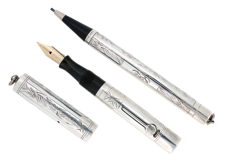 C1917 WATERMAN STERLING PANSY PANEL 452 1/2V XF-BBB NIB FOUNTAIN PEN & PENCIL SET RESTORED OFFERED BY ANTIQUE DIGGER