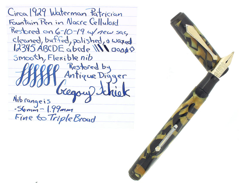 LATE 1920S WATERMAN PATRICIAN NACRE FOUNTAIN PEN F - BBB FLEXIBLE NIB RESTORED OFFERED BY ANTIQUE DIGGER