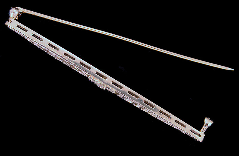 VICTORIAN  14K WHITE GOLD & PLATINUM TOP DIAMOND SAPPHIRE FILIGREE BAR PIN OFFERED BY ANTIQUE DIGGER