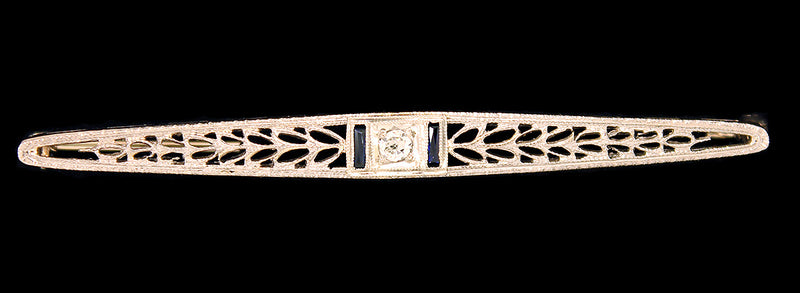 VICTORIAN  14K WHITE GOLD & PLATINUM TOP DIAMOND SAPPHIRE FILIGREE BAR PIN OFFERED BY ANTIQUE DIGGER