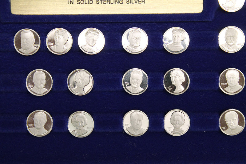 1977 STERLING SILVER FRANKLIN MINT PRESIDENTS FIRST LADIES 80 COIN SET WITH WOODEN PRESENTATION DISPLAY OFFERED BY ANTIQUE DIGGER