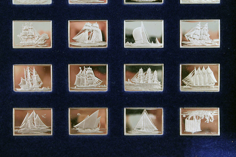 STERLING SILVER FRANKLIN MINT GREAT SAILING SHIPS OF THE SEA 50 INGOT SET WITH PRESENTATION DISPLAY OFFERED BY ANTIQUE DIGGER