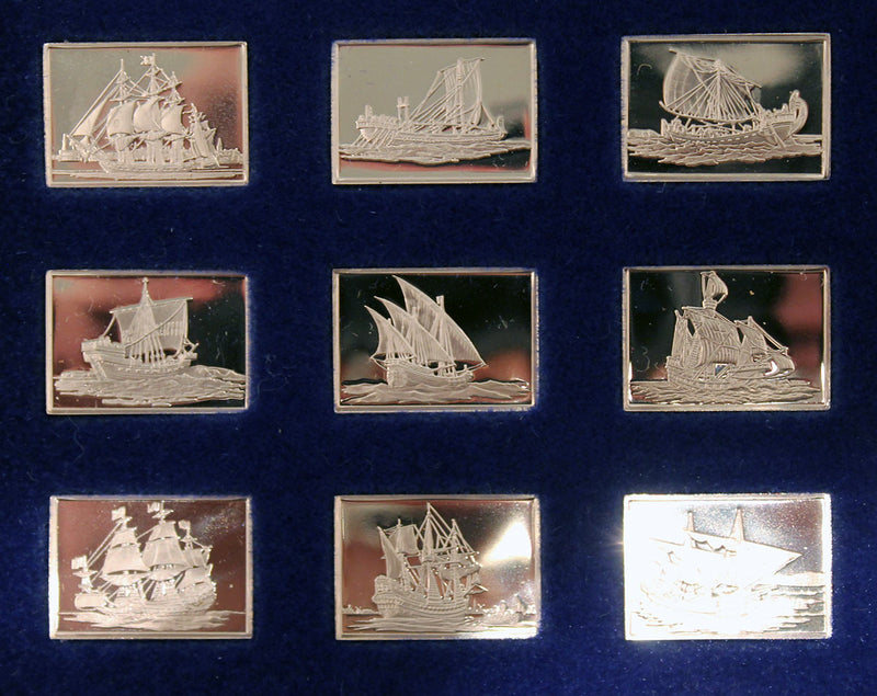 STERLING SILVER FRANKLIN MINT GREAT SAILING SHIPS OF THE SEA 50 INGOT SET WITH PRESENTATION DISPLAY OFFERED BY ANTIQUE DIGGER