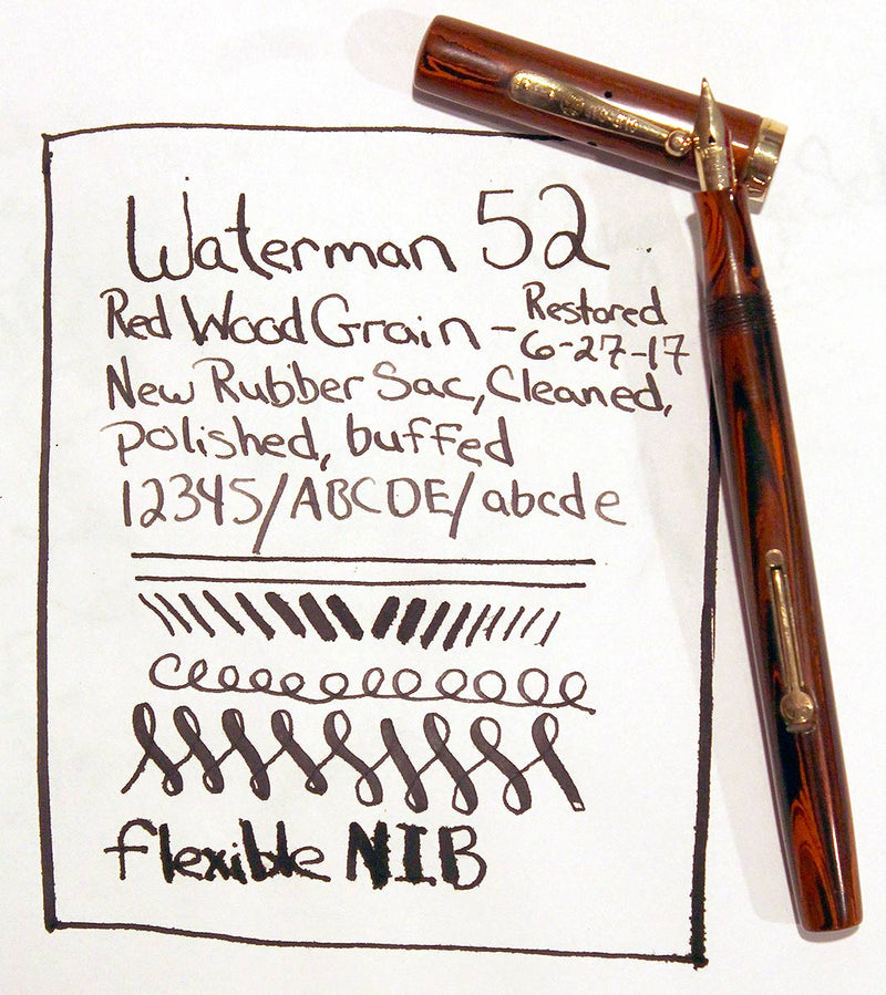 RESTORED 1920s WATERMAN'S 52 RED WOOD GRAIN FOUNTAIN PEN WITH F to BBB+ FLEXIBLE NIB OFFERED BY ANTIQUE DIGGER