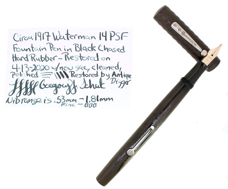 C1915 WATERMAN 14 PSF BLACK CHASED HARD RUBBER FOUNTAIN PEN RESTORED EXCELLENT OFFERED BY ANTIQUE DIGGER