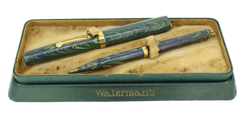 C1928 WATERMAN BLUE RIPPLE 52V FOUNTAIN PEN AND PENCIL SET XF - BBB NIB RESTORED OFFERED BY ANTIQUE DIGGER